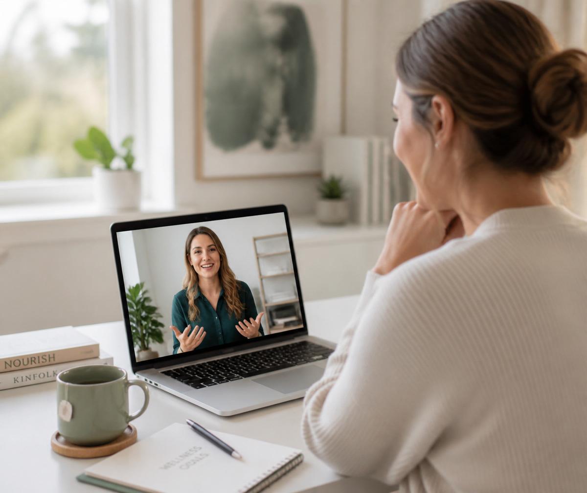 An employee in a private, confidential virtual coaching session