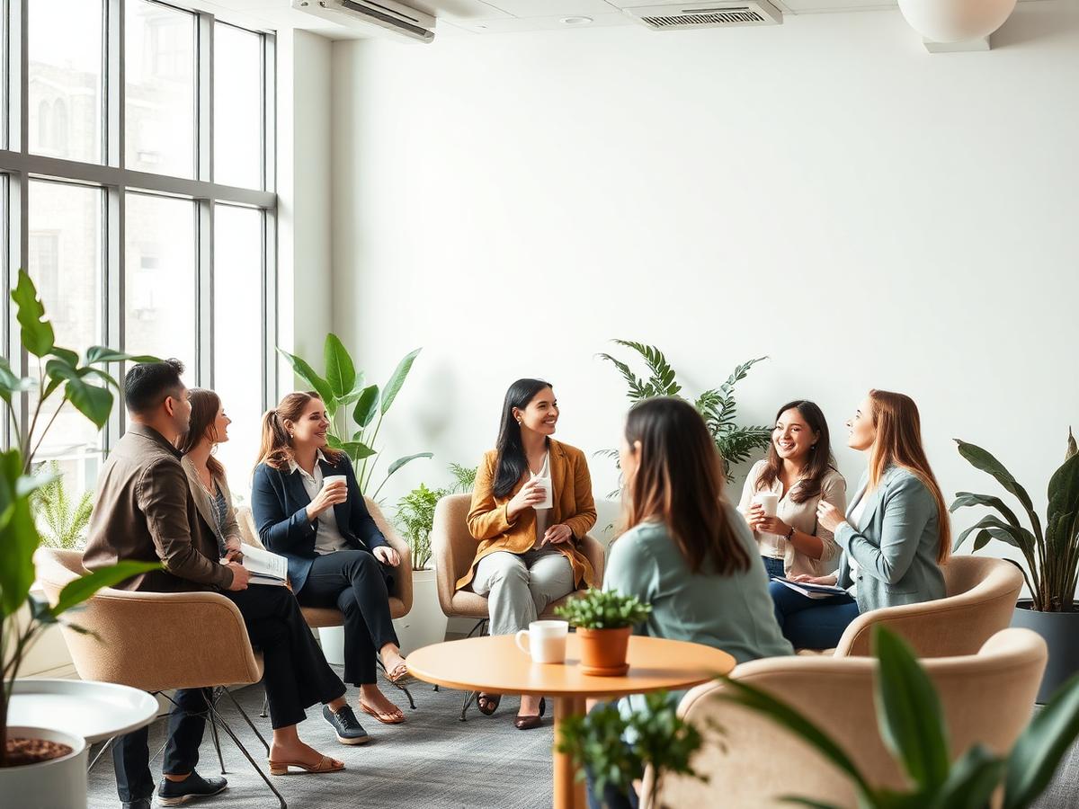 Employees relaxing and connecting in a bright office lounge